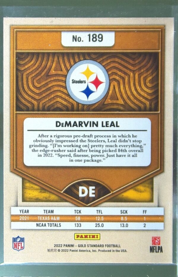 2022 Gold Standard DeMarvin Leal Platinum /75 RC #189 Steelers - Image 3