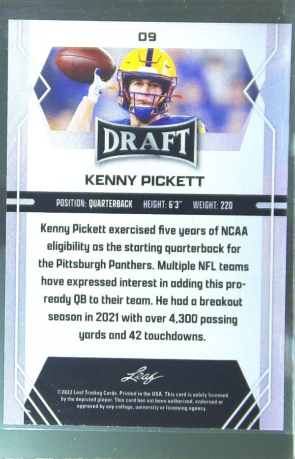 2022 Leaf Draft Kenny Pickett Blue RC #09 Panthers - Image 3
