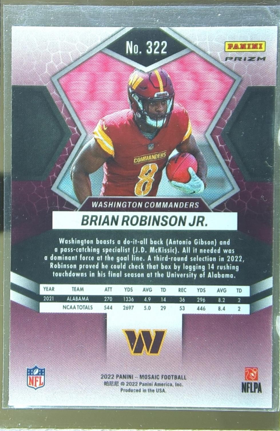 2022 Mosaic Brian Robinson Jr. Mosaic Reactive Orange RC #322 Commanders - Image 3