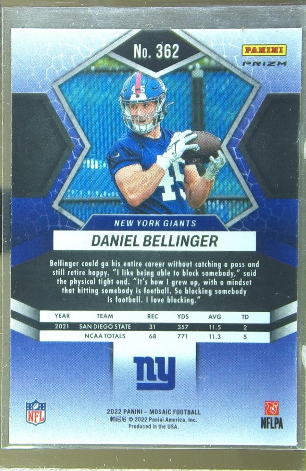 2022 Mosaic Daniel Bellinger Mosaic Reactive Orange RC #362 Giants - Image 3