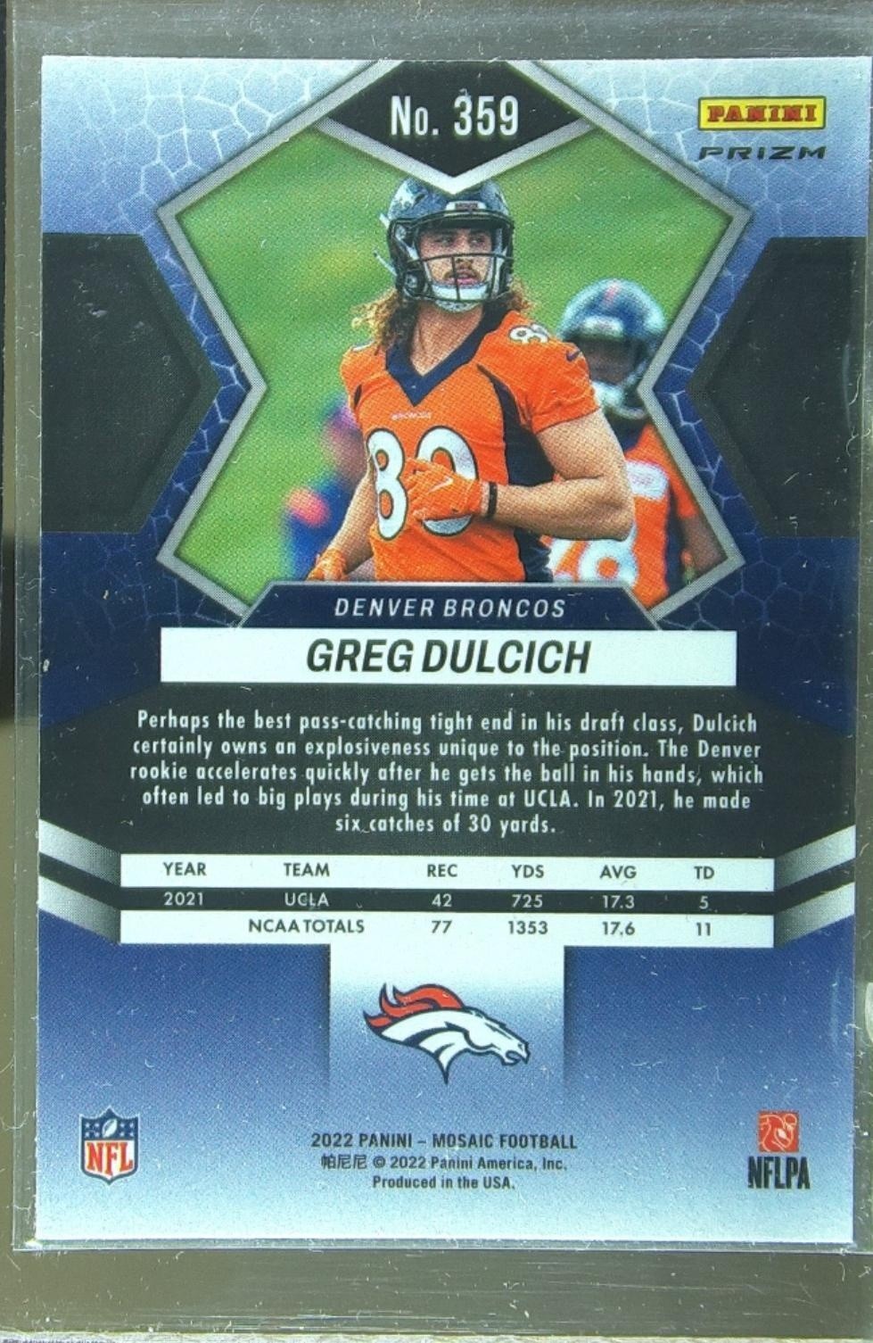 2022 Mosaic Greg Dulcich Mosaic Camo Pink RC #359 Broncos - Image 3