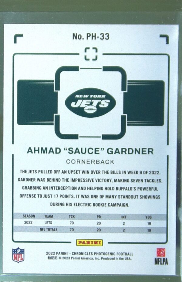 2022 Panini Chronicles Ahmad "Sauce" Gardner RC #PH-33 Jets Photogenic - Image 3