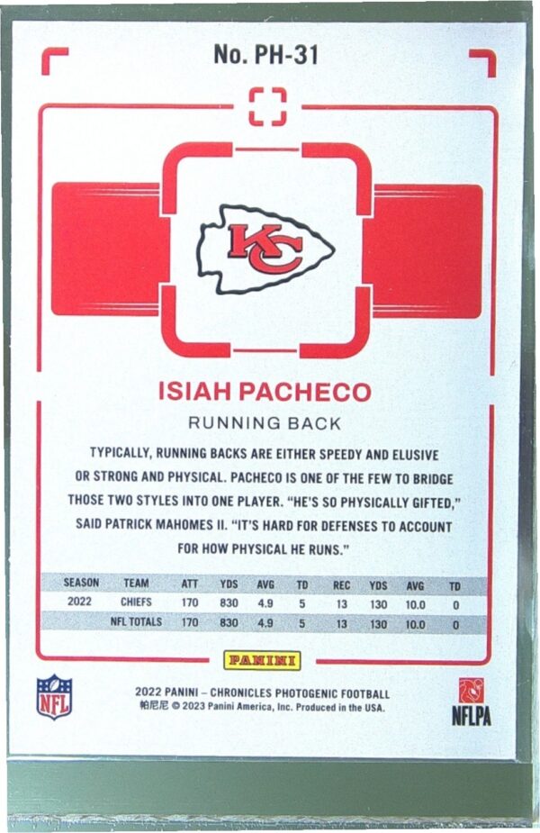 2022 Panini Chronicles Isiah Pacheco #PH-31 Chiefs Photogenic Teal - Image 3