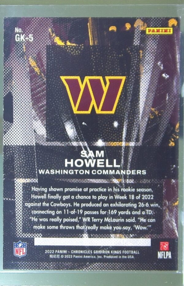 2022 Panini Chronicles Sam Howell RC #GK-5 Commanders Gridiron Kings Pink - Image 3
