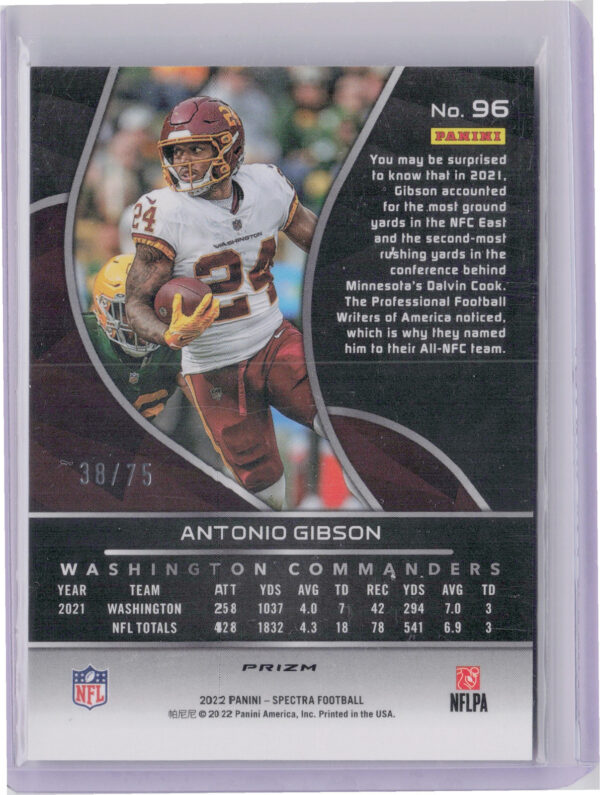 2022 Panini Spectra Antonio Gibson Hyper SN75 #96 Commanders - Image 3