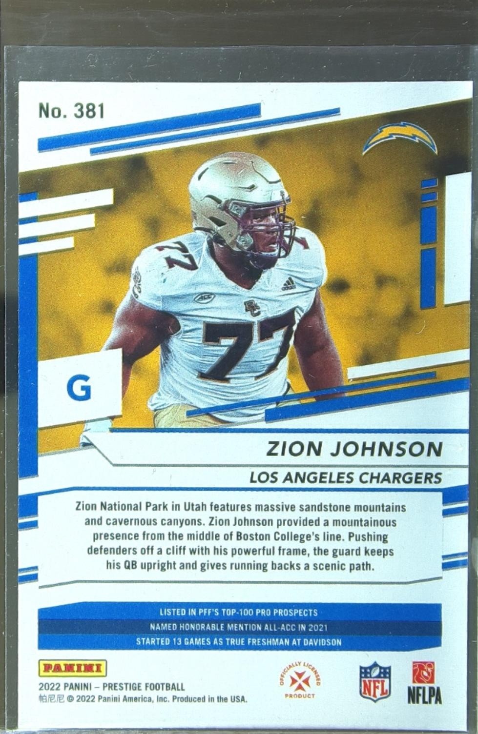 2022 Prestige Zion Johnson Xtra Points Diamond RC #381 Chargers - Image 3