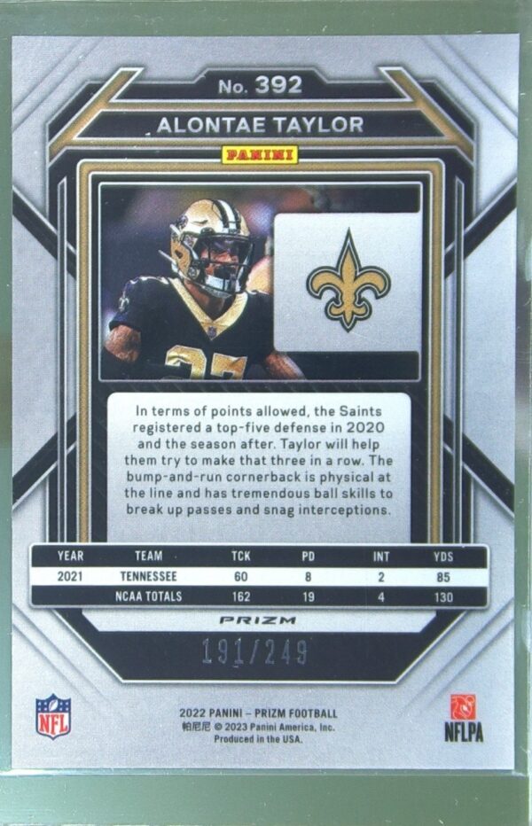 2022 Prizm Alontae Taylor Orange /249 #392 Saints - Image 3