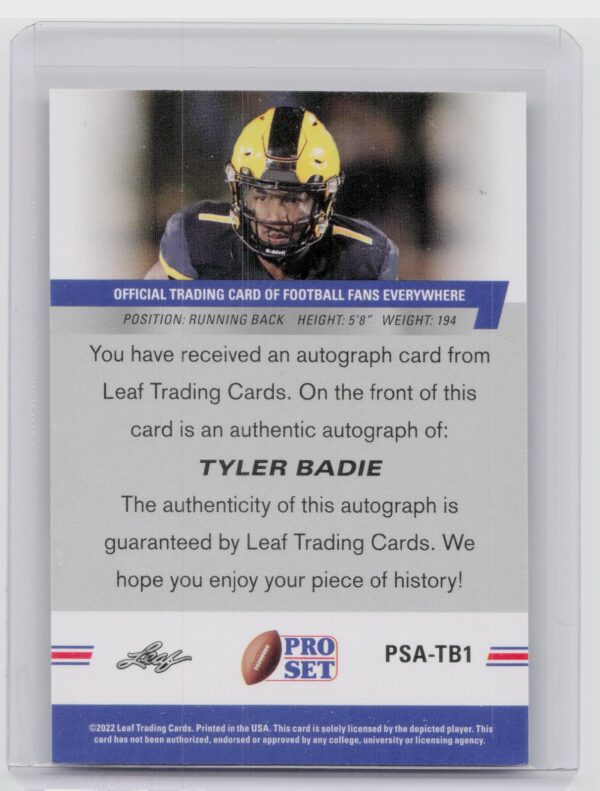2022 Pro Set Draft Tyler Badie #PSA-TB1 Tigers Autographs Blue - Image 3
