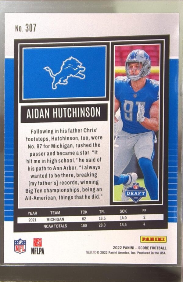 2022 Score Aidan Hutchinson RC #307 Lions - Image 3