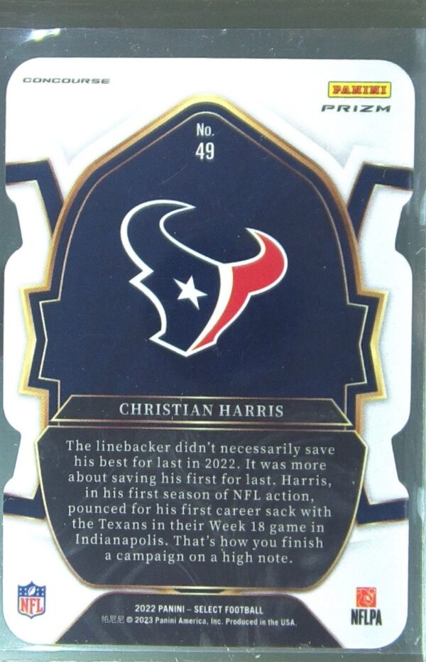 2022 Select Christian Harris Red and Blue Prizm Die Cut RC #49 Texans - Image 3