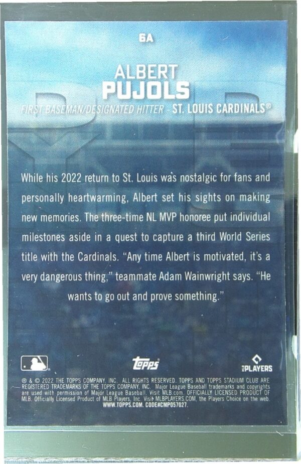 2022 Stadium Club Chrome Albert Pujols #6A Cardinals Dynasty and Destiny - Image 3