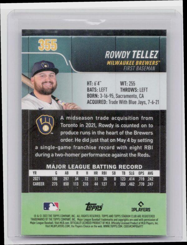 2022 Stadium Club Chrome Rowdy Tellez X Fractor #355 Brewers - Image 3