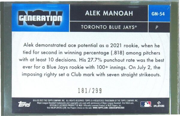 2022 Topps Alek Manoah /299 #GN-54 Jays Generation Now Black - Image 3