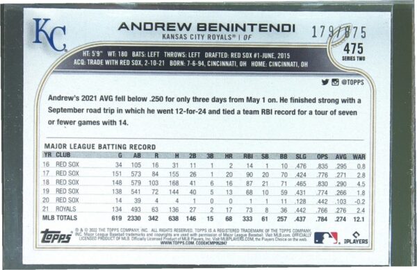 2022 Topps Andrew Benintendi Foilboard Retail /875 #475 Royals - Image 3