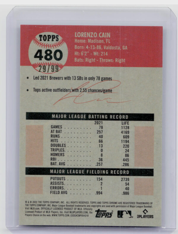 2022 Topps Chrome Platinum Anniversary Lorenzo Cain Platinum Toile White/Green R - Image 3