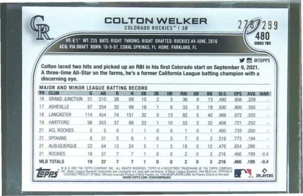 2022 Topps Colton Welker Orange Foilboard /299 RC #480 Rockies - Image 3