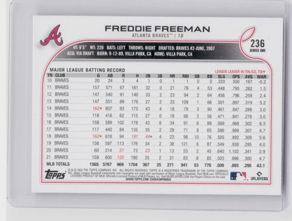 2022 Topps Freddie Freeman #236 Braves - Image 3