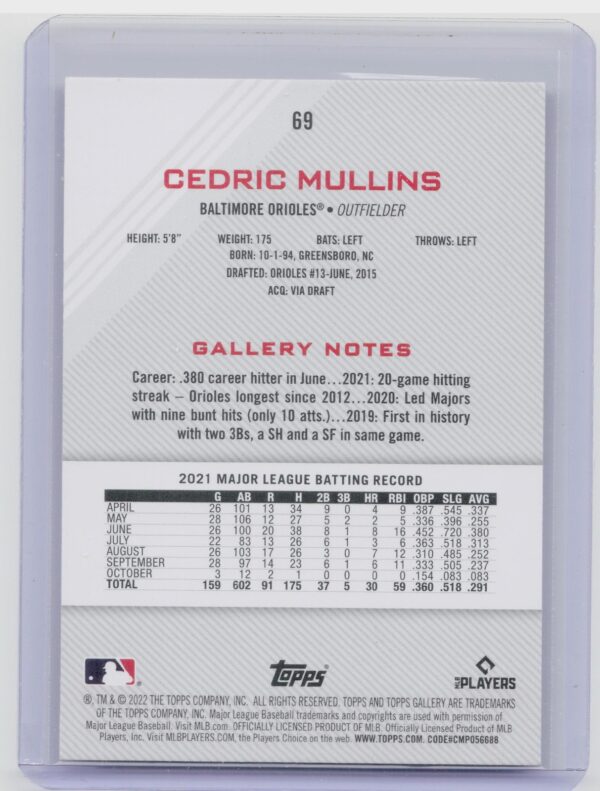 2022 Topps Gallery Cedric Mullins Rainbow Foil #69 Orioles - Image 3