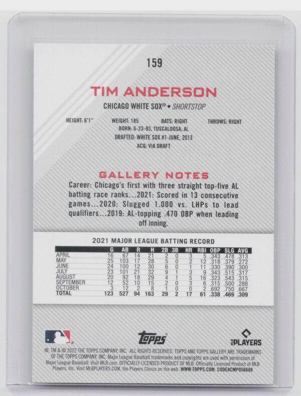 2022 Topps Gallery Tim Anderson #159 Sox - Image 3