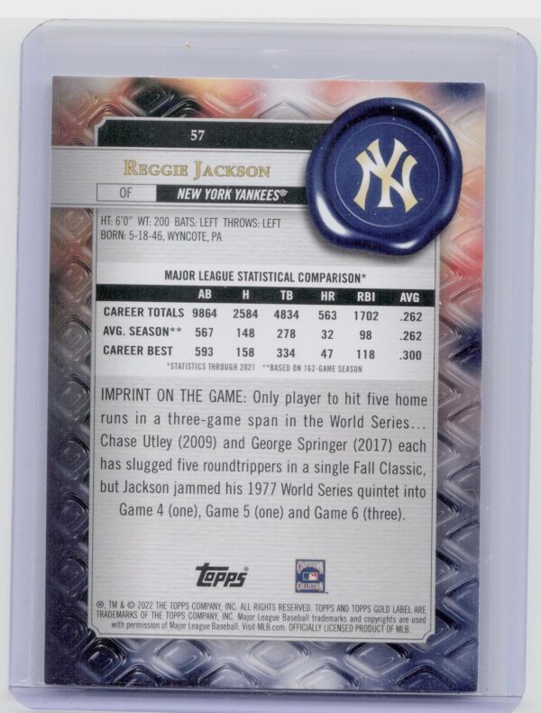 2022 Topps Gold Label Reggie Jackson Class 3 Black #57 Yankees - Image 3