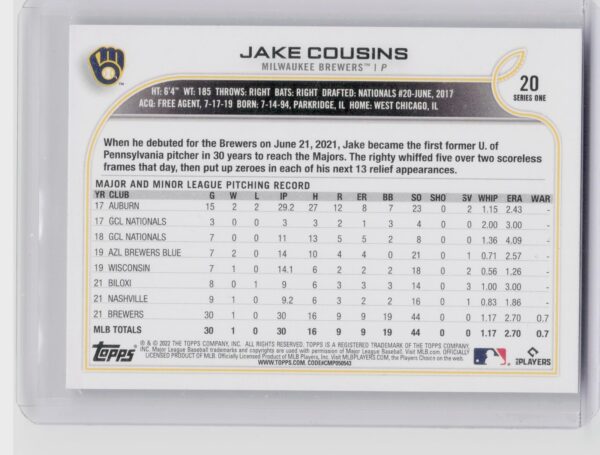 2022 Topps Jake Cousins Rainbow Foil #20 Brewers - Image 3