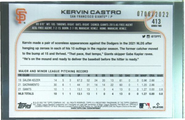 2022 Topps Kervin Castro Gold /2022 RC #413 Giants - Image 3