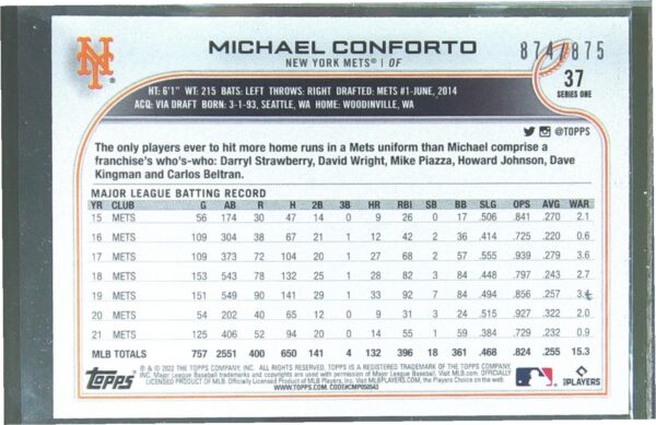2022 Topps Michael Conforto Foilboard Retail /875 #37 Mets - Image 3