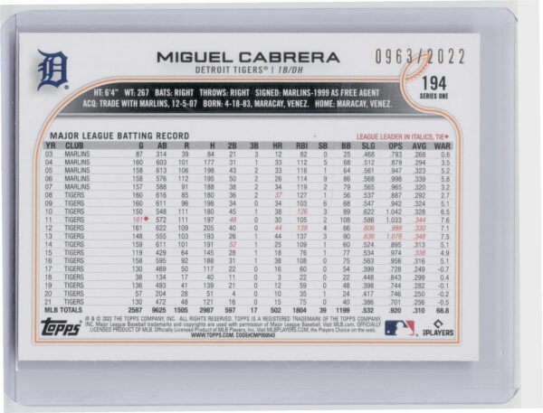 2022 Topps Miguel Cabrera Bronze /2022 #194 Tigers - Image 3