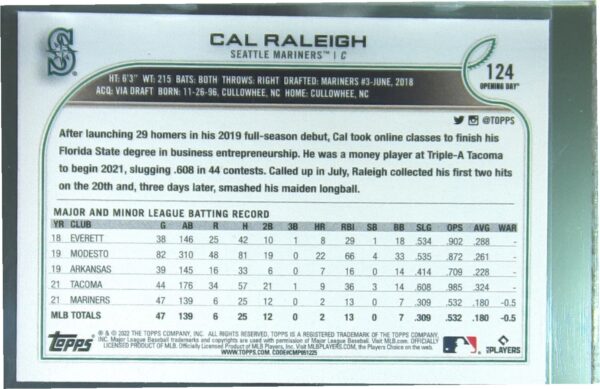 2022 Topps Opening Day Cal Raleigh RC #124 Mariners - Image 3