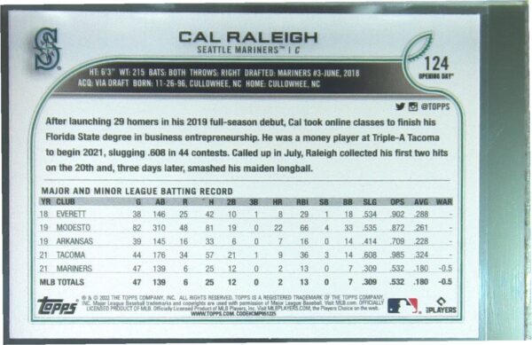 2022 Topps Opening Day Cal Raleigh RC #124 Mariners - Image 3