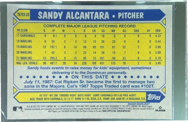 2022 Topps Sandy Alcantara #T87C2-25 Marlins 1987 Topps 35th Anniversary Mojo - Image 3
