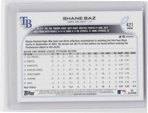 2022 Topps Shane Baz #421 Rays Factory Set Bonus: Rookie Image Variations - Image 3