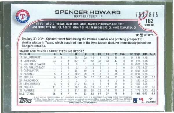 2022 Topps Spencer Howard Foilboard Retail /875 #162 Rangers - Image 3
