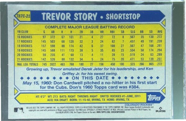 2022 Topps Trevor Story #T87C-21 Rockies 1987 Topps 35th Anniversary Mojo - Image 3