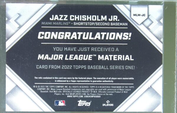 2022 Topps Update Jazz Chisholm Jr. JSY #MLM-JC Major League Material Relic - Image 3