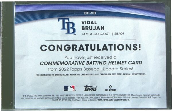 2022 Topps Update Vidal Brujan #BH-VB Rays Commemorative Batting Helmet Relic - Image 3