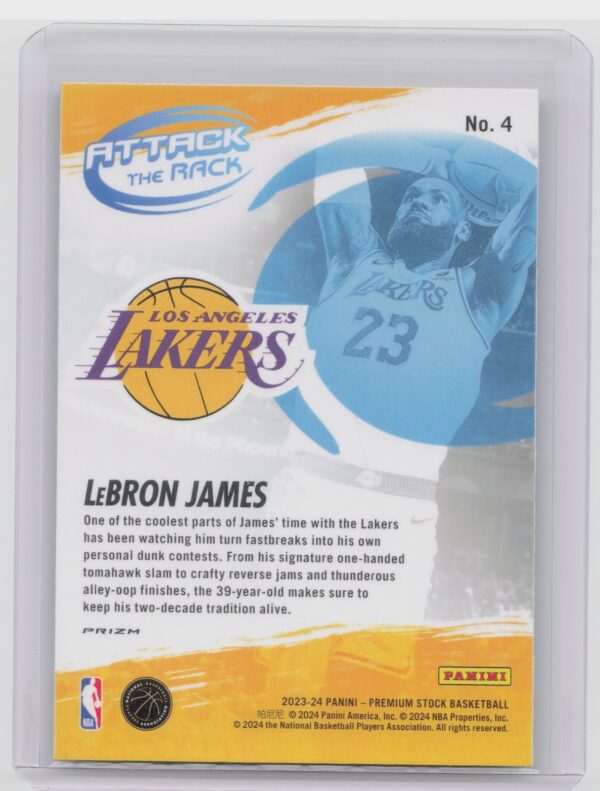 2023-24 Hoops Premium Stock LeBron James 4 Lakers Attack The Rack Silver Prizm - Image 3