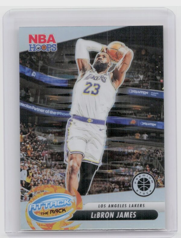2023-24 Hoops Premium Stock LeBron James 4 Lakers Attack The Rack Silver Prizm