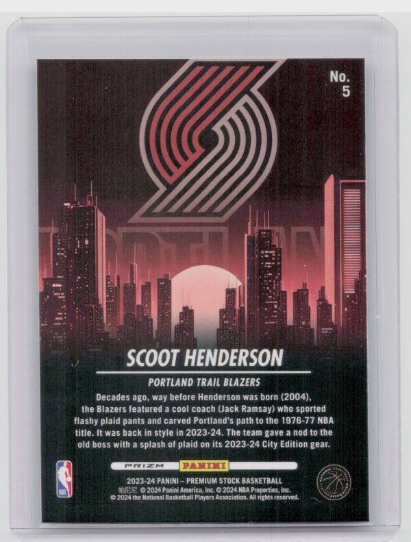 2023-24 Hoops Premium Stock Scoot Henderson RC 5 Blazers City Edition - Image 3