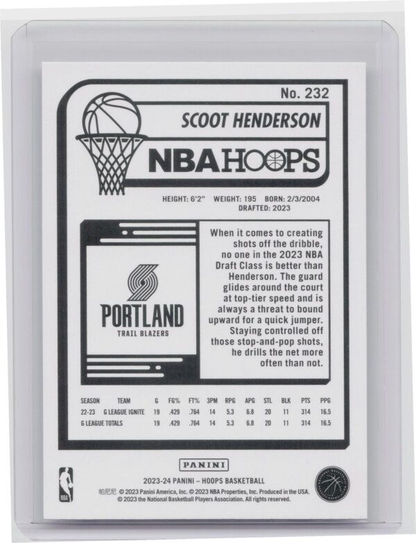 2023-24 Hoops Scoot Henderson Rookie RC #232 Blazers - Image 3