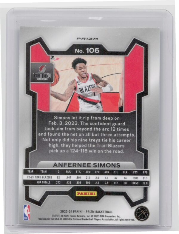 2023-24 Prizm Anfernee Simons Prizms Green #106 Blazers - Image 3