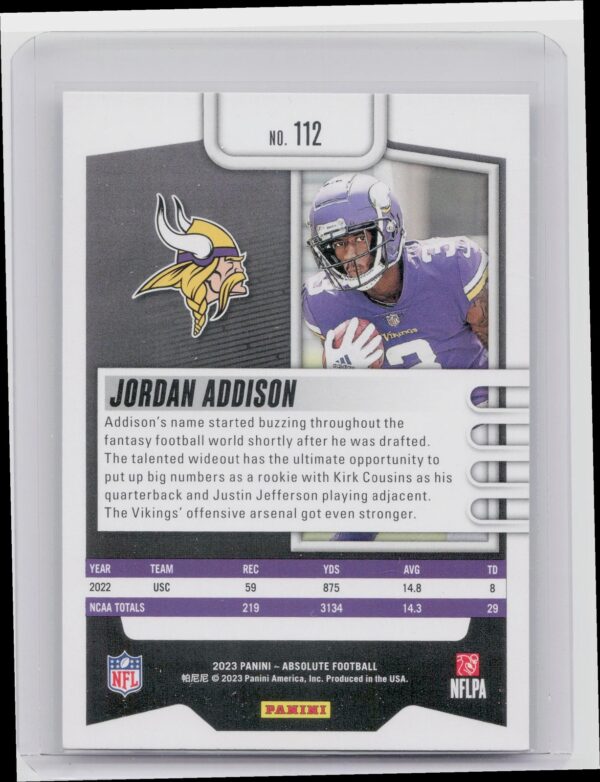 2023 Absolute Jordan Addison RC #112 Vikings - Image 3