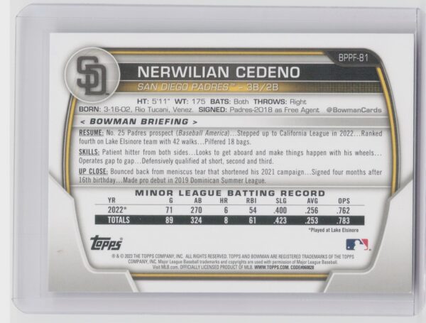 2023 Bowman 1st Edition Nerwilian Cedeno #BPPF-81 Padres - Image 3