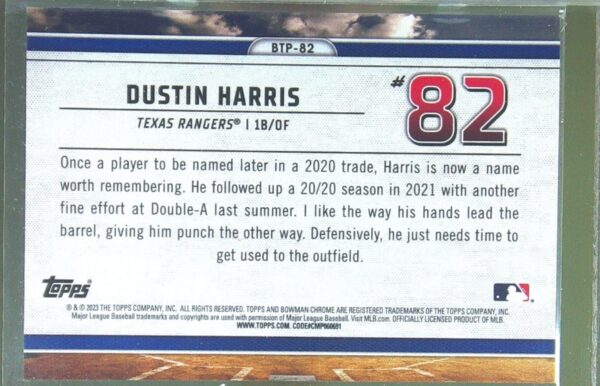 2023 Bowman Chrome Dustin Harris /125 #BTP-82 Rangers Bowman Scouts Top 100 Aqua - Image 3