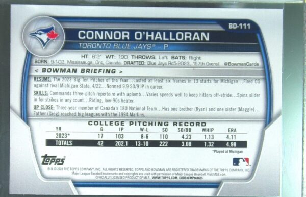 2023 Bowman Draft Connor O'Halloran Orange /25 #BD-111 Jays - Image 3