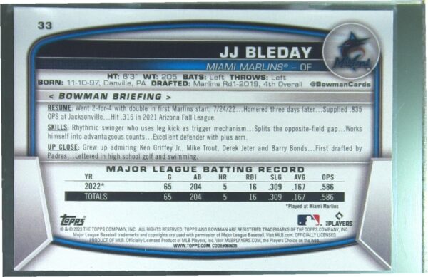 2023 Bowman JJ Bleday RC #33 Marlins - Image 3