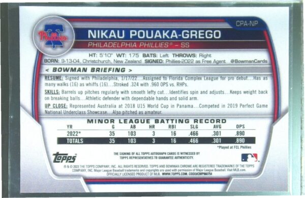 2023 Bowman Nikau Pouaka-Grego Auto #CPA-NP Phillies Chrome Prospect Autographs - Image 3