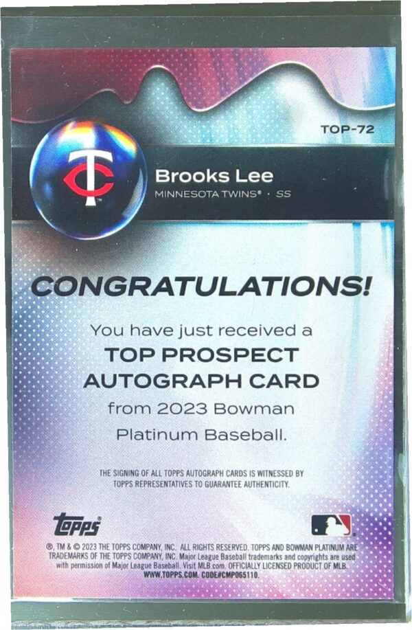 2023 Bowman Platinum Brooks Lee Auto #TOP-72 Twins Top Prospects Autographs - Image 3