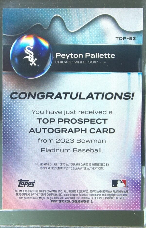 2023 Bowman Platinum Peyton Pallette Auto #TOP-52 Sox Top Prospects Autographs - Image 3