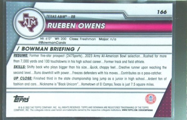 2023 Bowman University Chrome Rueben Owens Pink Refractor RC #166 Aggies - Image 3